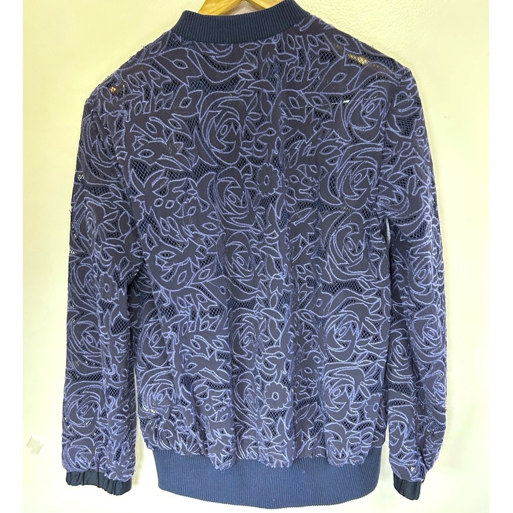 Anthropologie Elevenses Miranda Navy Blue Floral‎ Lace Mesh Bomber Jacket Small - Picture 3 of 10